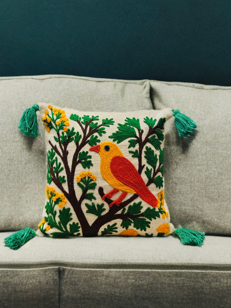 Bird Embroidered Cushion Cover | Slub Cotton, 16x16 Inches