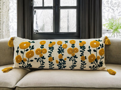 Embroidered Floral Design Lumbar Cushion Cover | 14"x36" | Cotton