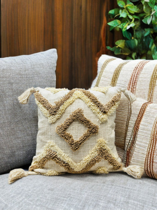 Elegant Brown Tufted Cushion Cover | Slub Cotton, 16x16"