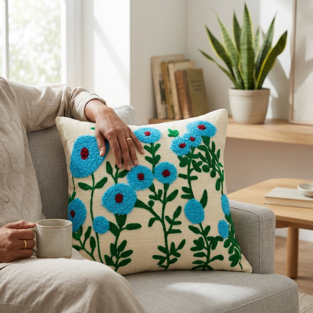 Floral Embroidered Cushion Cover | Slub Cotton, 16x16 Inches