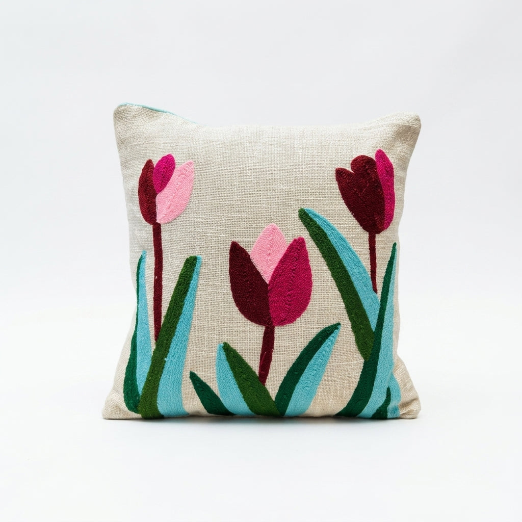 Tulip Embroidered Cushion Cover | 16x16", Slub Cotton, Premium Design