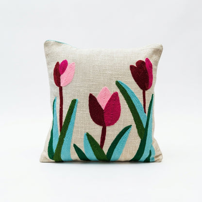 Tulip Embroidered Cushion Cover | 16x16", Slub Cotton, Premium Design