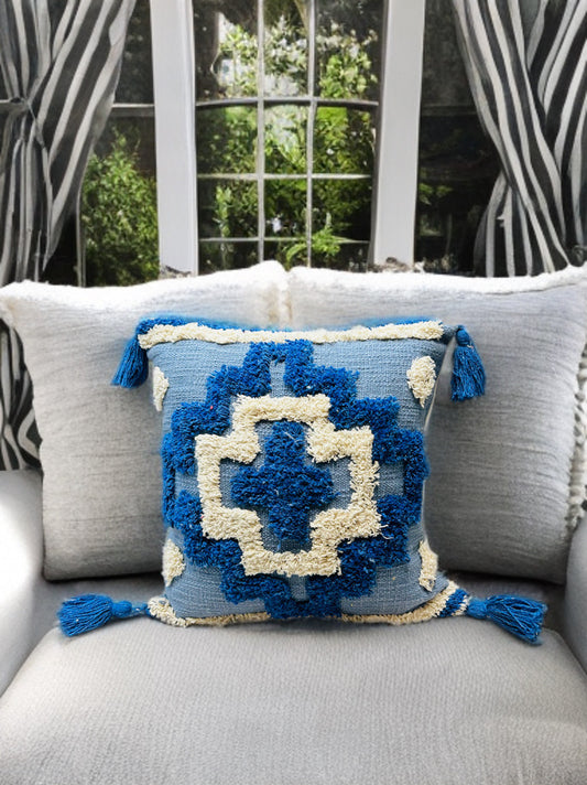 Elegant Blue Tufted Cushion Cover | Slub Cotton, 16x16"