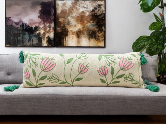 Floral Embroidered Lumbar Cushion Cover | 12"x36" | Cotton