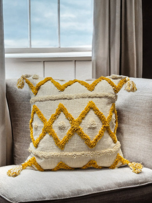 Tufted Yellow Abstract Cushion Cover | Slub Cotton (24"x24")