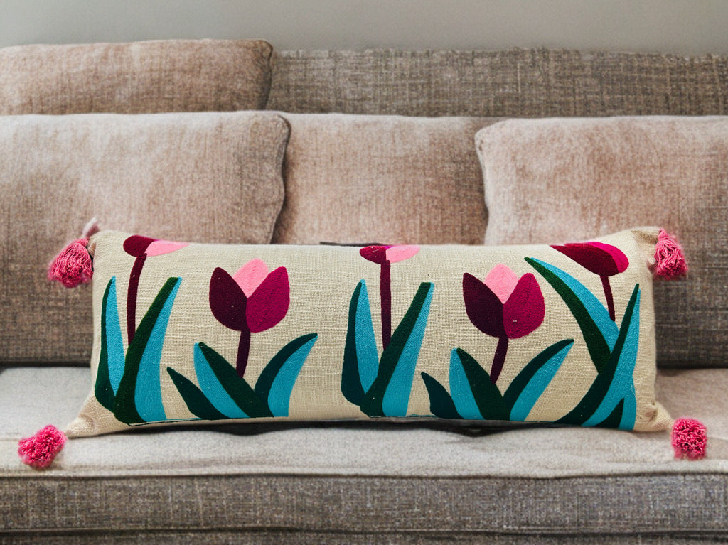Embroidered Tulip Lumbar Cushion Cover | 14"x36" | Cotton