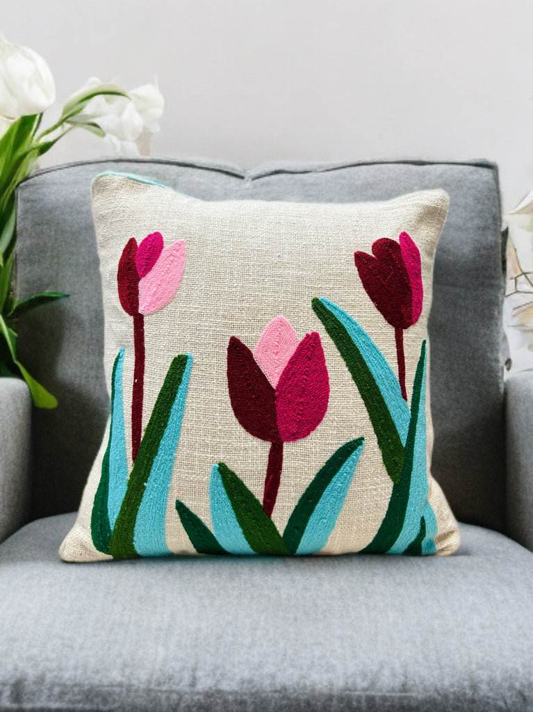 Tulip Embroidered Cushion Cover | 16x16", Slub Cotton, Premium Design