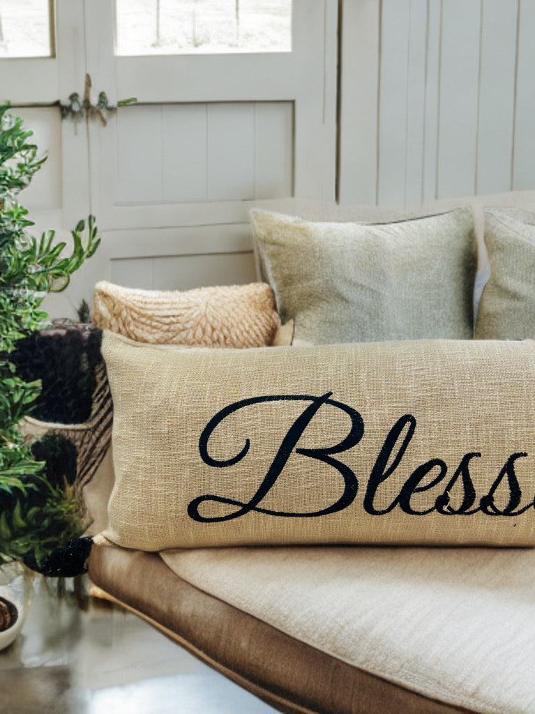 Embroidered Blessed Lumbar Cushion Cover | 14"x36" | Cotton| Black