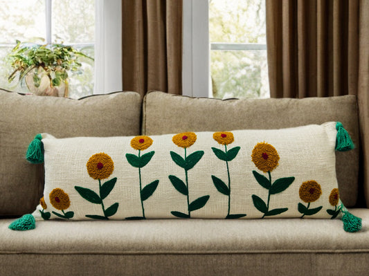 Embroidered Sunflower Lumbar Cushion Cover | 12"x36" | Cotton