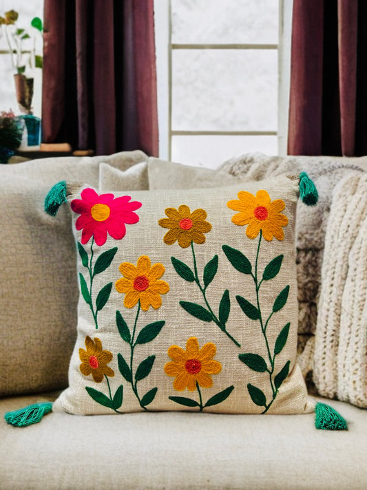 Floral Embroidered Cushion Cover | Slub Cotton, 24x24 Inches