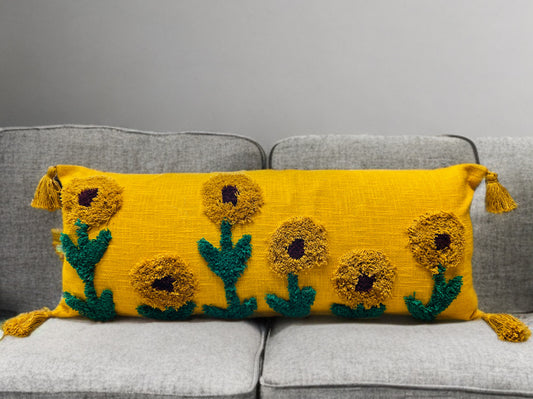 Yellow Base Sunflower Tufted Lumber | 14"x36"| Cotton