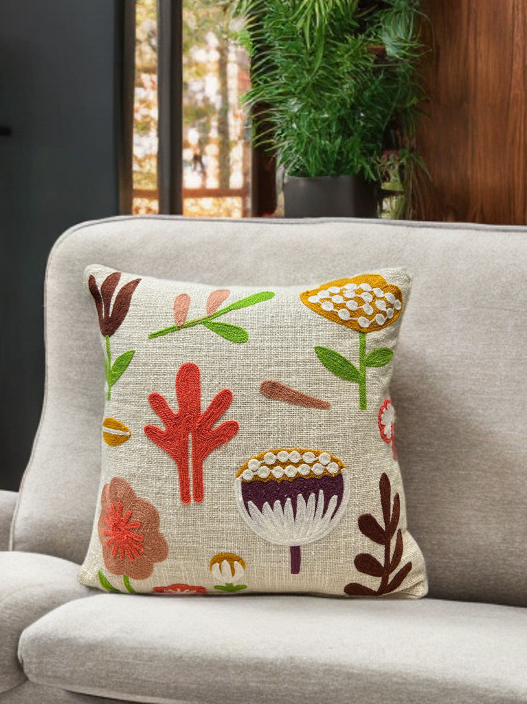 Embroidered Cushion Cover | Slub Cotton, 16x16 Inches