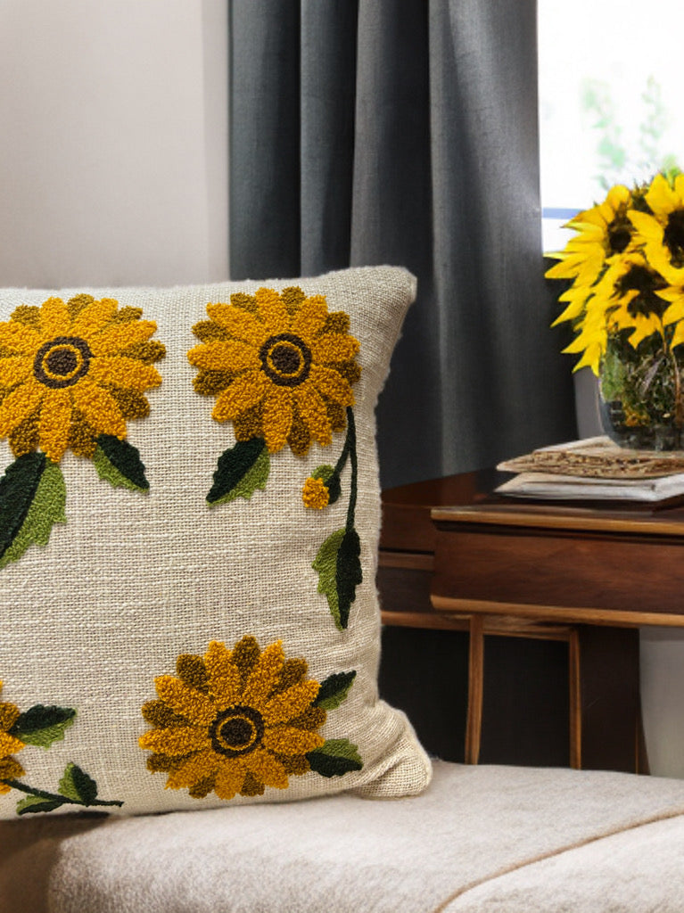 Embroidered Cushion Cover | Slub Cotton, 16x16 Inches