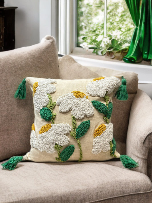 Knotted Embroidered Cushion Cover | Slub Cotton, 16x16 Inches