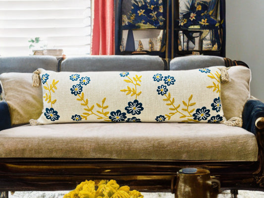 Floral Embroidered Lumbar Cushion | 12"x36" | Cotton