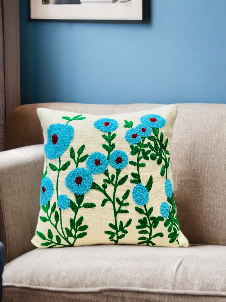 Floral Embroidered Cushion Cover | Slub Cotton, 16x16 Inches