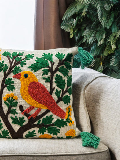 Bird Embroidered Cushion Cover | Slub Cotton, 16x16 Inches