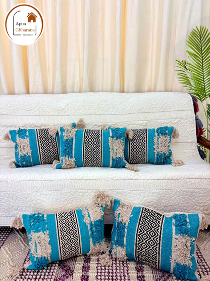Bohemian Cushion Cover – Blue, Tassels, Dari Fabric, 12x18"