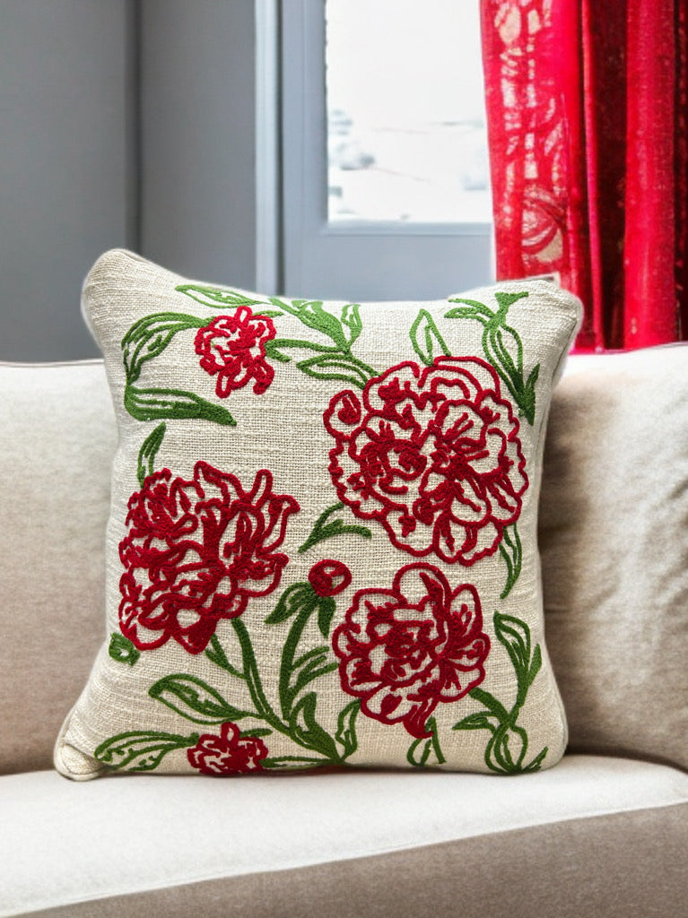 Premium Embroidered Cushion Cover | Red Floral Design, 16x16" Cotton