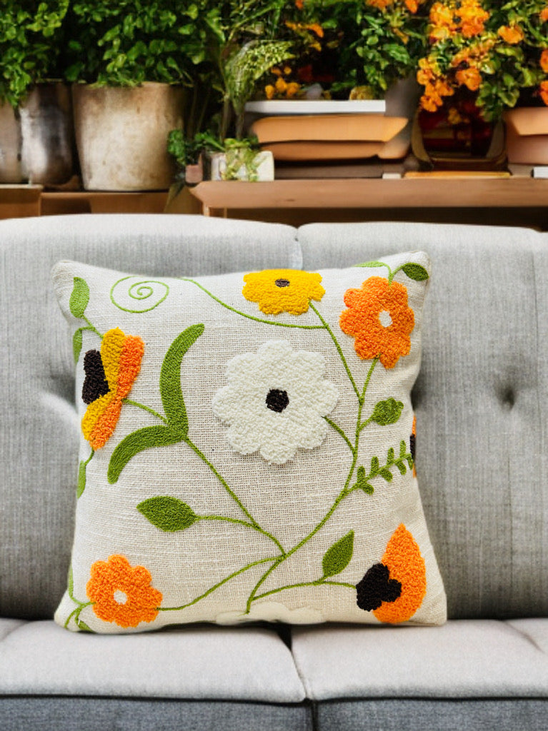 Threaded Elegance – Embroidered Cushion Cover | 16x16" | Slub Cotton