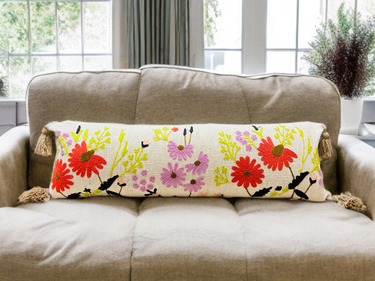 Embroidered Lumbar Cushion Cover | 12"x36" | Cotton
