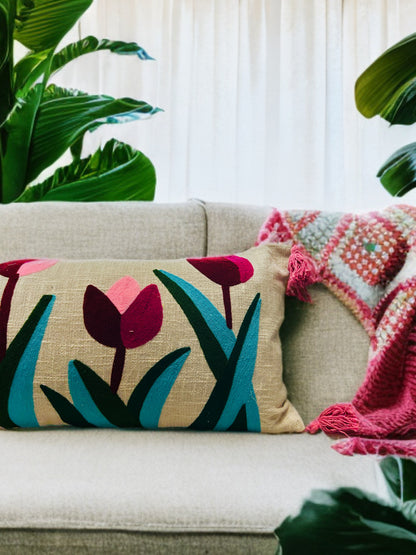 Embroidered Tulip Lumbar Cushion Cover | 14"x36" | Cotton