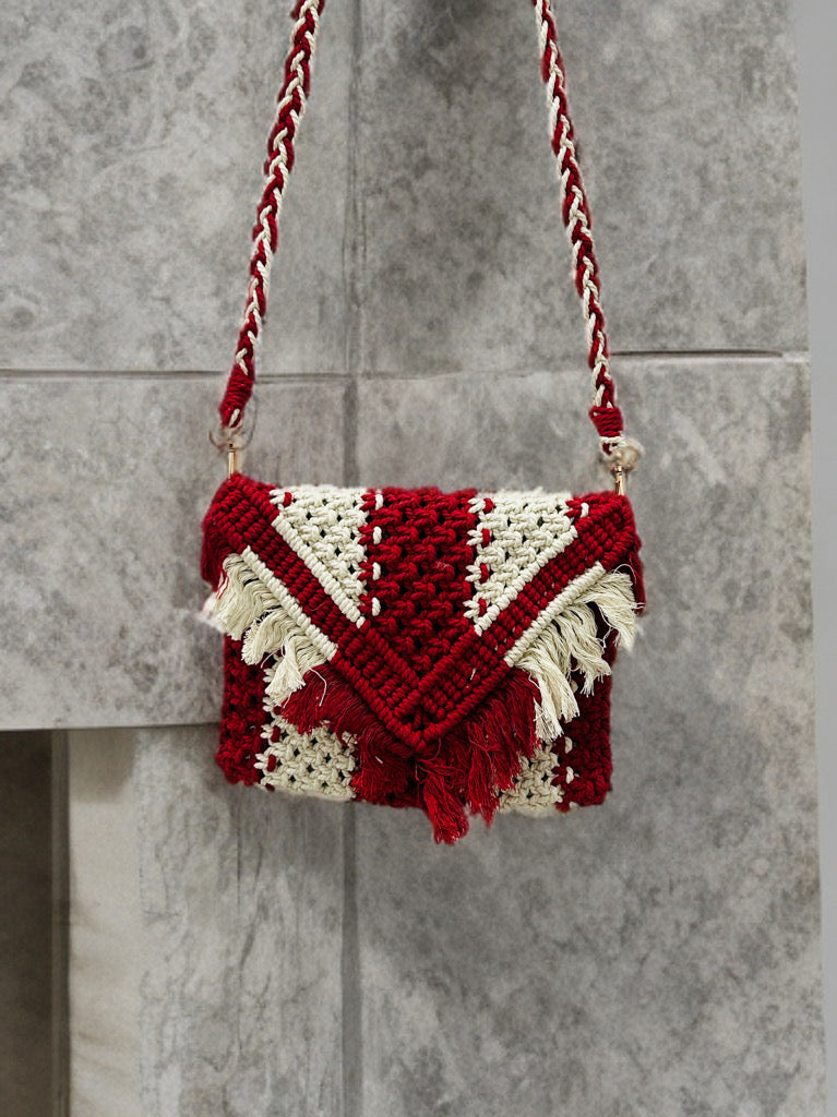 Compact Macramé Sling Bag – Red, Beaded, Handmade
