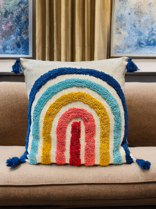 Tufted Rainbow Cushion Cover | Multicolor Slub Cotton (24"x24")
