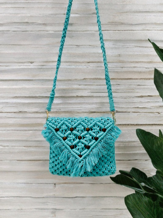 Handmade Macramé Sling Bag with Flap & Beads