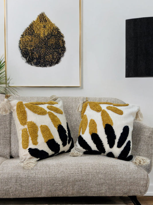Yellow & Black Tufted Cushion Cover | 16"x16" | Slub Cotton with Tassels