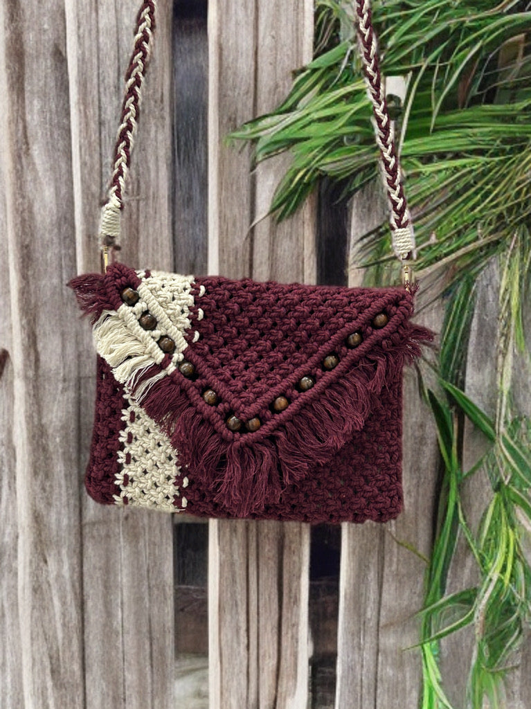 Boho Chic Macramé Sling Bag – Maroon with Beads & Flap