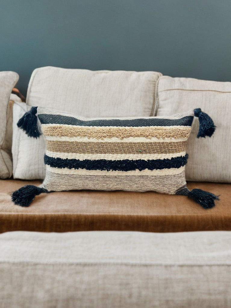 Bohemian Cushion Cover – Black, Tassels, Dari Fabric, 12x20"