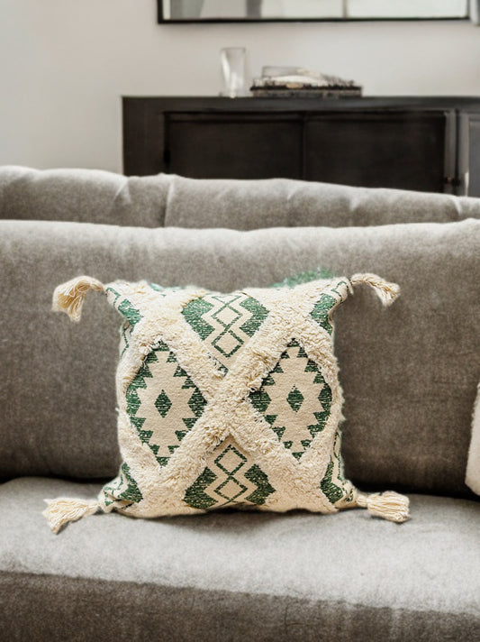 Green Tufted Cushion Cover | Slub Cotton, 16x16"