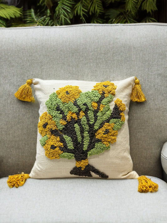 Floral Knotted Embroidered Cushion Cover | Slub Cotton, 16x16 Inches