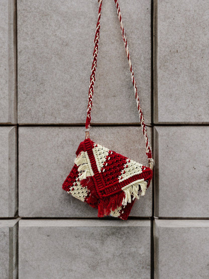Compact Macramé Sling Bag – Red, Beaded, Handmade