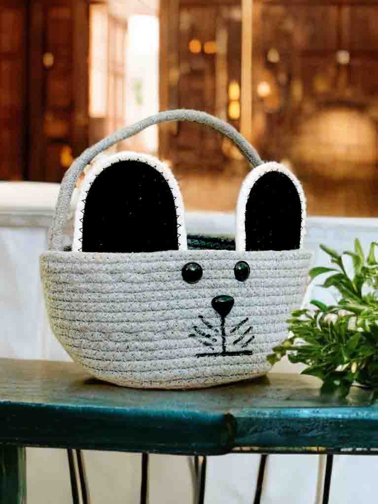 Grey Animal Face Basket with Handle | Lightweight & Washable (7x6 inch)