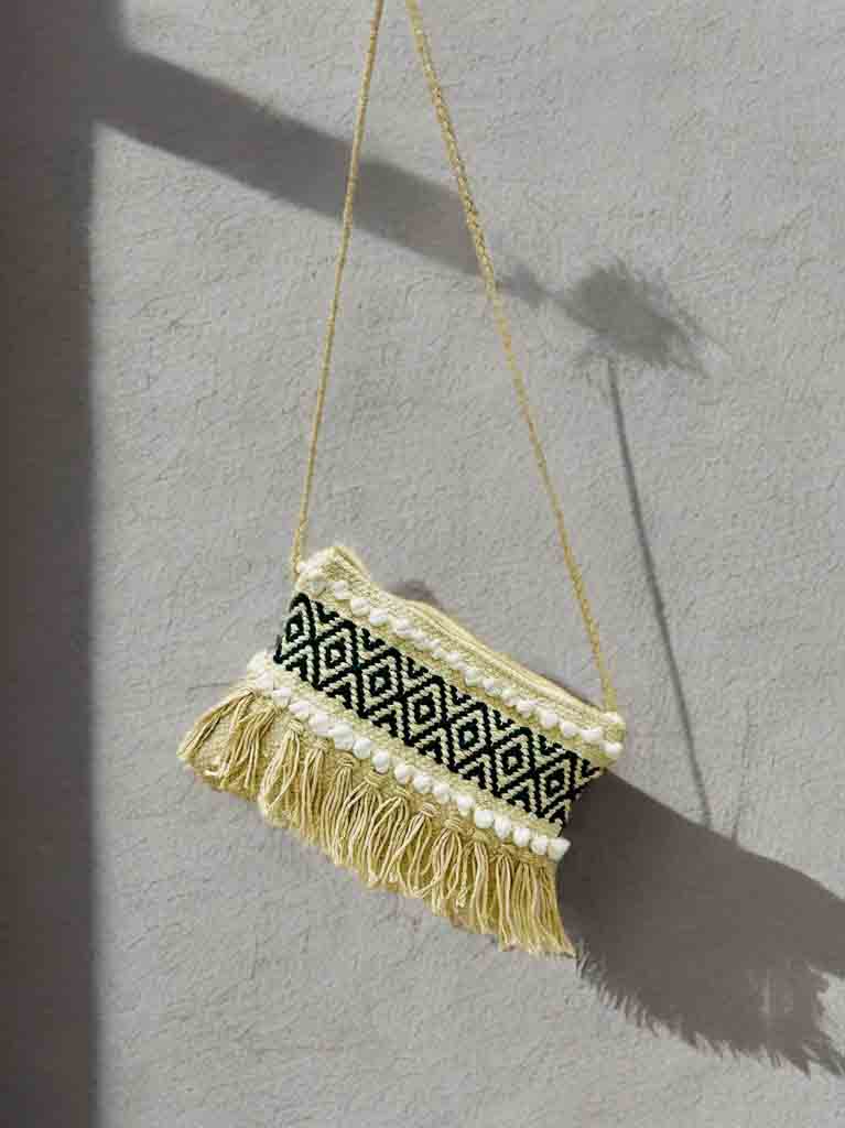 Handmade Boho Sling Bag – Embroidered Crossbody with Zipper & Fringe