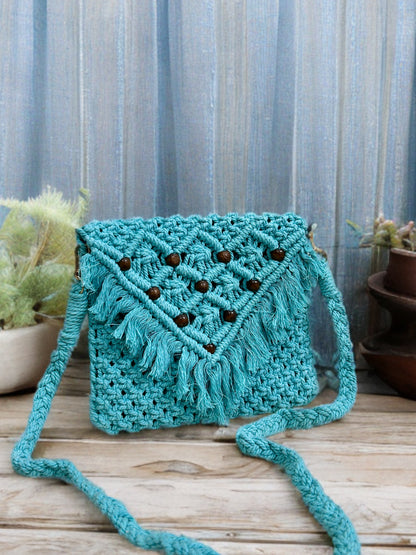 Handmade Macramé Sling Bag with Flap & Beads
