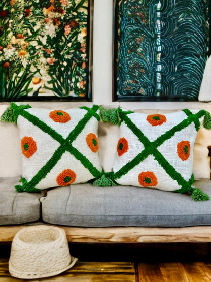 Orange Tufted Cushion Cover | 16"x16" | Slub Cotton with Tassel