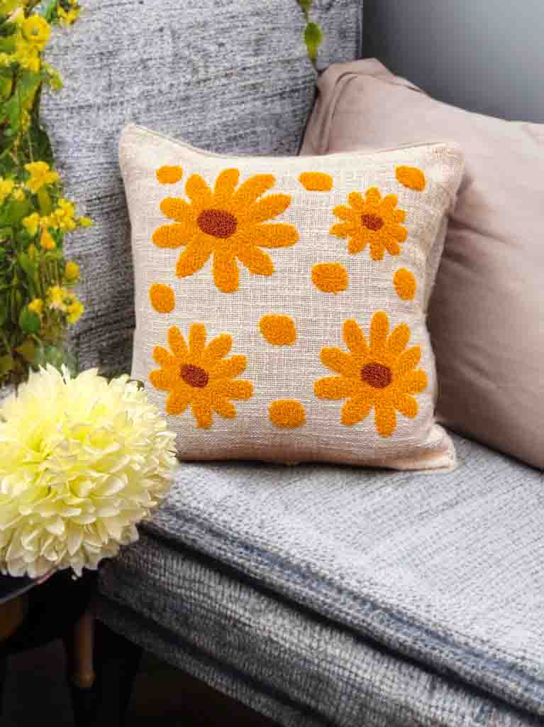 Yellow Flower Embroidered Cushion Cover | Slub Cotton, 16x16 Inches