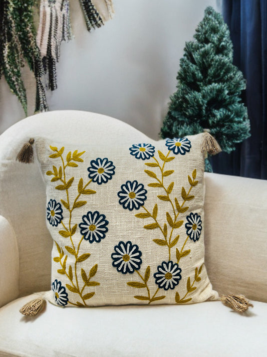 Embroidered Cushion Cover | Slub Cotton, 24x24 Inches