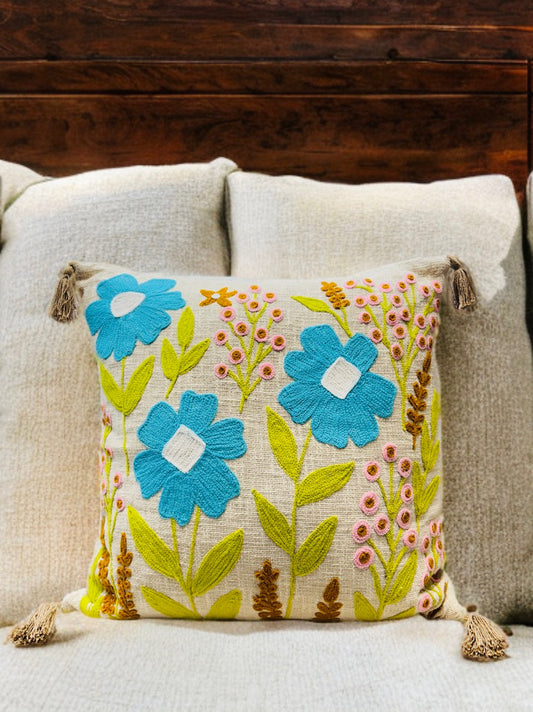 Embroidered Cushion Cover | Slub Cotton, 24x24 Inches