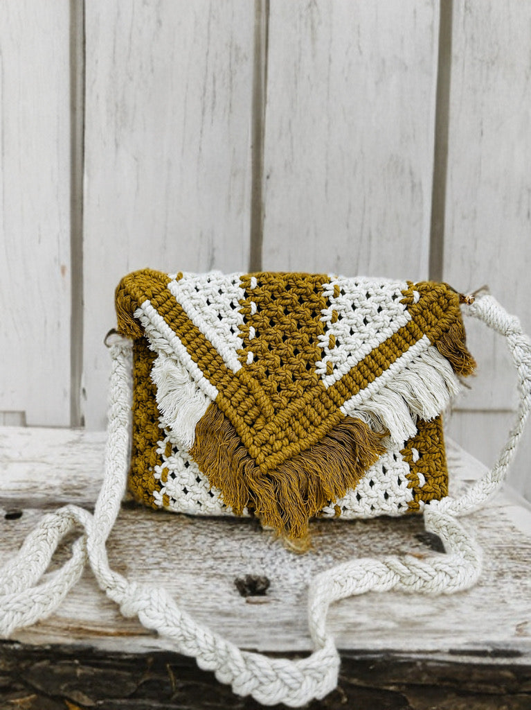 Macramé Sling Bag with Beads & Flap – Boho Handmade Purse
