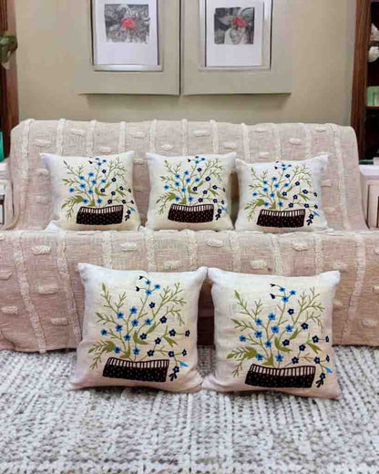 Elegant Blue Flower Embroidered Cushion Cover | 16x16" Cotton