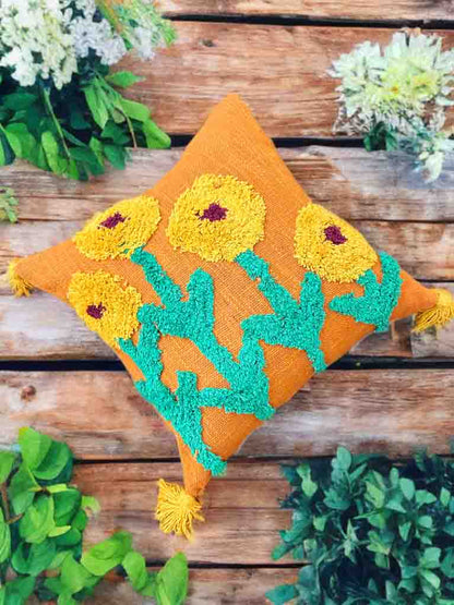 Sunflower Tufted Cushion Cover | Mustard & Yellow | 16x16" | Slub Cotton