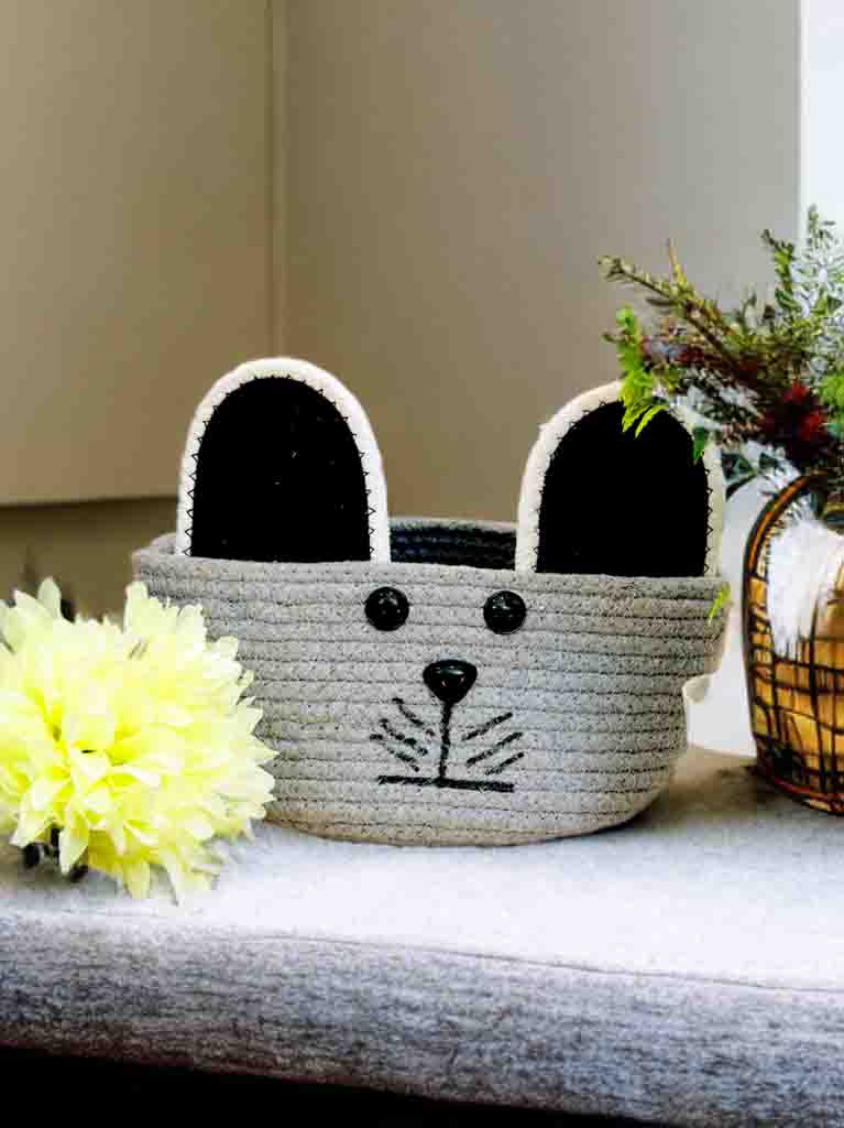 Grey Animal Face Basket with Handle | Lightweight & Washable (7x6 inch)