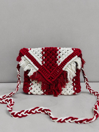 Compact Macramé Sling Bag – Red, Beaded, Handmade