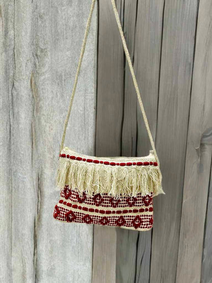 Handmade Boho Sling Bag – Embroidered Crossbody with Fringe