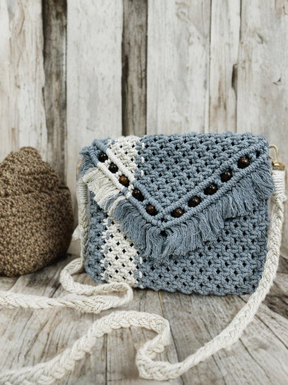 Trendy Grey Macramé Purse – Boho Beaded Sling Bag