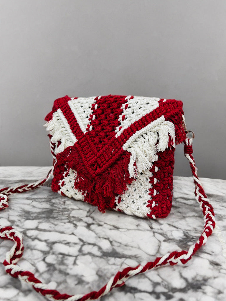 Compact Macramé Sling Bag – Red, Beaded, Handmade